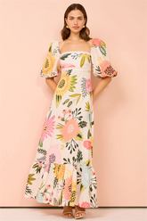 Vestido midi floral con cuello cuadrado y mangas abullonadas